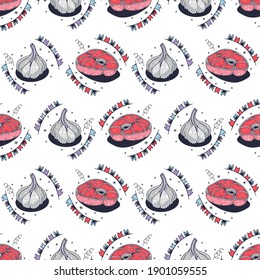 Garlic and meat. Seamless pattern on a white background. Cute vector illustration.