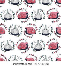 Ajo y carne. Patrón sin brillo en un fondo blanco. Ilustración vectorial de corte.