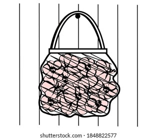 Garlic in a mesh bag on a white background. Sketch. Vector illustration.