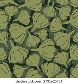 Garlic Military pattern seamless. Vegetable Army background. Ornament Soldier and Protective. Khaki texture