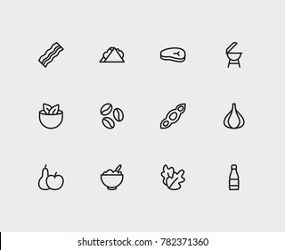 Garlic and nutrition icons set with bacon, meat beef and soy. Set of nutrition icons including healthcare sign for your web app logo UI design.