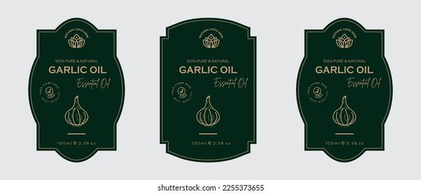 Garlic oil label design skin care oil label design and beauty products, herbal ingredients. Garlic Labels with sketches, and package emblem. Green gold premium vector illustration.