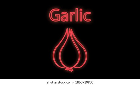 garlic on a black background, vector illustration, neon. seasoning for food. neon red. neon sign, illumination. bright sign for cafes and restaurants.