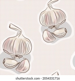 Garlic on a polka dot background. Seamless pattern. Hand drawn vector picture.