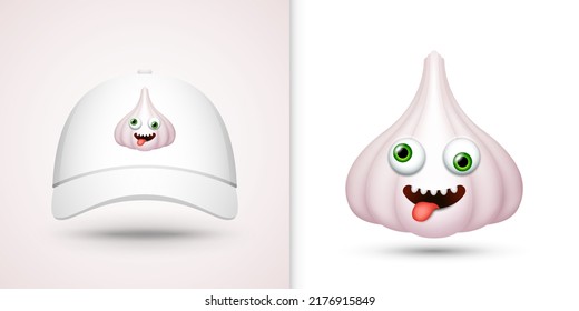 Garlic on white baseball cap. Vector