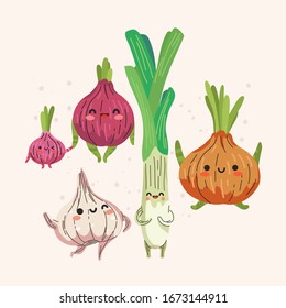 Garlic And Onion Cute Character Design. Garlic And Onion Vector Illustration Set Bundle On Isolated Beige Background.