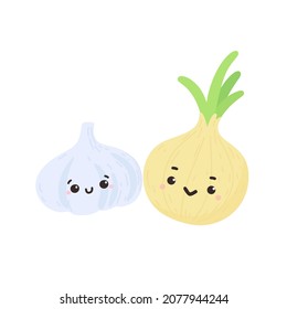 Garlic and onion. Cute kawaii character. Vector illustration in flat style.