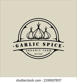 Garlic Onion Logo Vector Line Vintage Illustration Template Icon Graphic Design. Spice And Ingredient Sign And Symbol For Farm Or Seasoning Shop With Outline Circle Badge