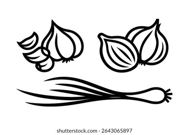 Garlic Onion and Scallion Vector Line Art Illustration for Culinary Designs and Food Projects