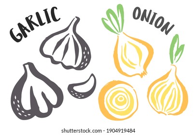 Knoblauch und Zwiebelhandzeichnung, handgemalt mit Tintenpinsel einzeln auf weißem Hintergrund. Vektorgrafik