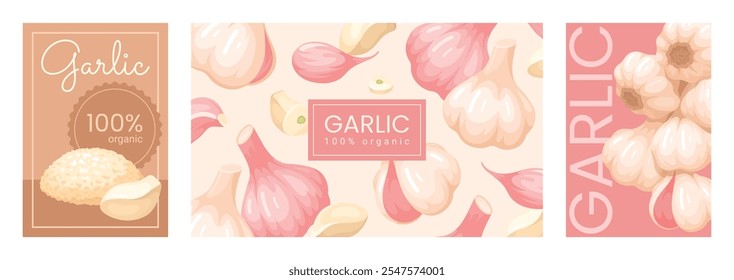 Ajo tarjetas orgánicas especias vegetal cartel etiqueta paquete de diseño Plantilla conjunto Ilustración vectorial isométrica. Ingrediente de cocina condimento Nutrición vegetariana Condimento Comida saludable Anuncio rosa beige