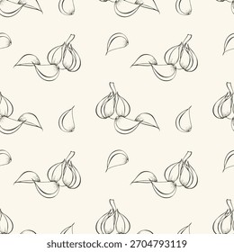 Garlic pattern, hand drawn outline sketch on beige background. Cooking and spices, aromatic food.