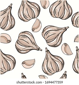 Garlic pattern  icon or logo in flat style. Vegetable from the garden. Organic food. Vector illustration Garlic seamless pattern.