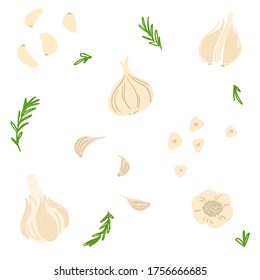 Garlic pattern. Whole garlic, garlic cloves, chopped garlic, rosemary Vector illustration set. Drawing set for design