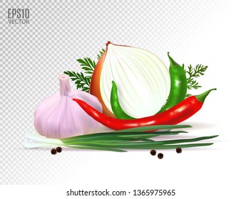 Garlic, pepper and onion vegetables with parsley spice isolated on white background. Photo-realistic vector, 3d