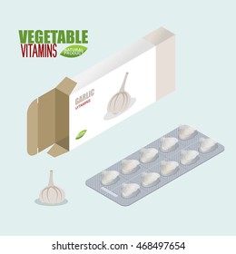 Garlic pills in pack. Vegetarian Vitamins. Diet tablets in box. Natural products for health in form of plant. medicament vegetable. Medical drugs

