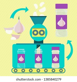 Garlic powder line series production. Factory of garlic powder. Fresh garlic clove being processed. Bottled garlic powder.