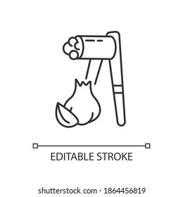 Garlic press linear icon. Kitchen tool for food preparation. Condiment, seasoning recipe. Thin line customizable illustration. Contour symbol. Vector isolated outline drawing. Editable stroke