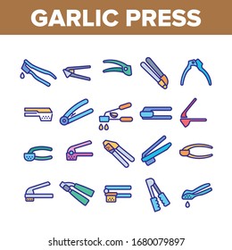 Garlic Press Utensil Collection Icons Set Vector. Garlic Press Kitchenware Equipment, Stainless Kitchen Tool, Metallic Ware For Cooking Concept Linear Pictograms. Color Illustrations