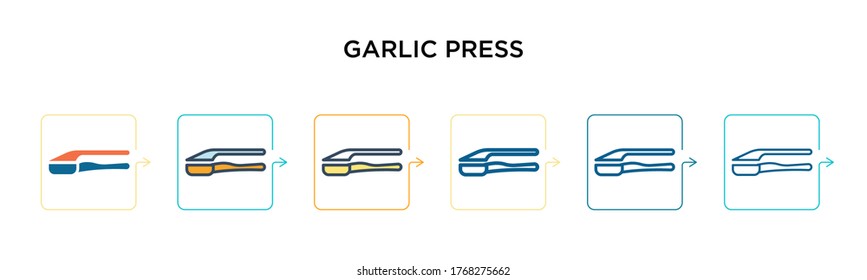 Garlic press vector icon in 6 different modern styles. Black, two colored garlic press icons designed in filled, outline, line and stroke style. Vector illustration can be used for web, mobile, ui