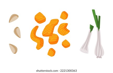 Garlic, Salmon Slabs and Green Onion Stalk as Wok Asian Food Ingredient Vector Set