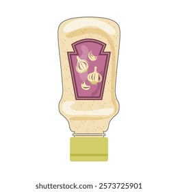 Garlic sauce in bottle in flat design. Hot condiment, cooking relish product. Vector illustration isolated.