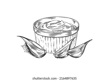 Garlic sauce hand drawn bowl with engraving, sketch vector illustration isolated on white background. Retro monochrome garlic dip or mayonnaise. Menu or label design food element.