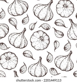 Garlic seamless pattern. Hand drawn background. Vector illustration. Hand drawing sketch illustration.  Garlic spice hand drawn backdrop. 