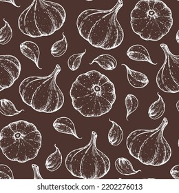 Garlic seamless pattern. Hand drawn background. Vector illustration. Hand drawing sketch illustration. Garlic spice hand drawn backdrop.