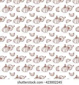 Garlic Seamless pattern. Hand Drawn doodle garlic bulbs and cloves of garlic. Vegetable background.