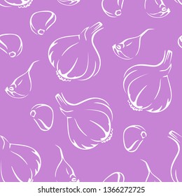 Garlic seamless pattern on violet background.  Vector monochrome illustration of vegetable in simple style.