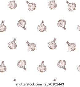 Garlic seamless pattern with one continuous line drawing style head of garlic. Vector seamless pattern perfect for spices packaging, wrapping paper, background, kitchen textile and so on