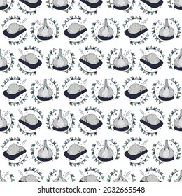 Garlic and Seashells. Seamless pattern on a white background. Cute vector illustration.