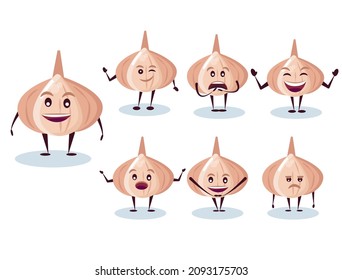 Garlic set - character and emotions. Anthropomorphic hero. Vector illustration in cartoon style.