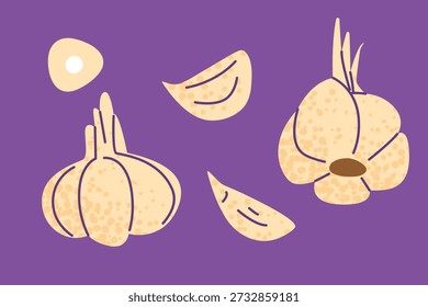 Ilustração de conjunto de alho em estilo plano mostrando bulbo inteiro, cravo e alho fatiado. Adequado para cozinhar, receitas, design de alimentos, embalagens, nutrição e projetos culinários.