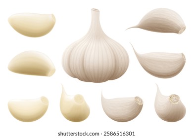 Garlic set. Whole garlic head, peeled and unpeeled cloves isolated on white background. Spice ingredient for cooking or spice and condiment product package design. Realistic 3d vector