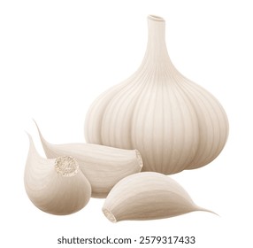 Garlic set. Whole garlic head and unpeeled cloves isolated on white background. Spice ingredient for cooking and healthy nutrition or spice and condiment product package design. Realistic 3d vector