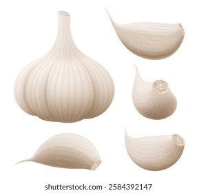 Garlic set. Whole garlic head and unpeeled cloves isolated on white background. Spice ingredient for cooking and healthy nutrition or spice and condiment product package design. Realistic 3d vector