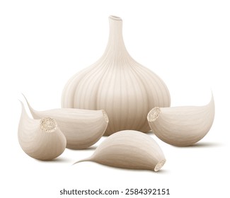 Garlic set. Whole garlic head and unpeeled cloves isolated on white background. Spice ingredient for cooking and healthy nutrition or spice and condiment product package design. Realistic 3d vector