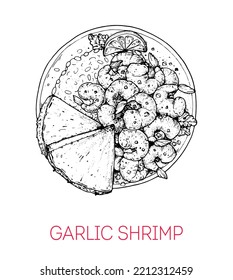 Garlic Shrimp, Hawaiian food. Hand drawn vector illustration. Sketch style. Top view. Vintage vector illustration.