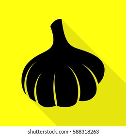 Garlic simple sign. Black icon with flat style shadow path on yellow background.