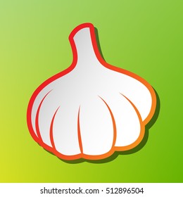 Garlic simple sign. Contrast icon with reddish stroke on green backgound.