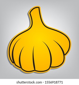 Garlic simple sign. Flat orange icon with overlapping linear black icon with gray shadow at whitish background. Illustration.