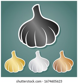 Garlic simple sign. Set of metallic Icons with gray, gold, silver and bronze gradient with white contour and shadow at viridan background. Illustration.