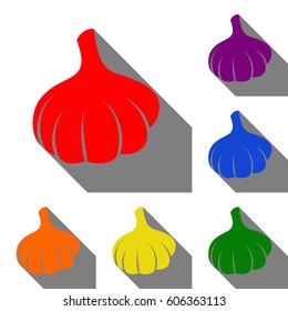 Garlic simple sign. Set of red, orange, yellow, green, blue and violet icons at white background with flat shadow.