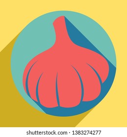 Garlic simple sign. Sunset orange icon with llapis lazuli shadow inside medium aquamarine circle with different goldenrod shadow at royal yellow background.