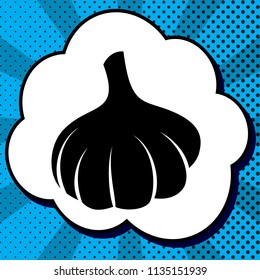 Garlic simple sign. Vector. Black icon in bubble on blue pop-art background with rays.