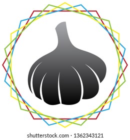 Garlic simple sign. Vector. Black icon with patch of light inside colorful hexagonal frames at white background.