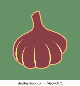 Garlic simple sign. Vector. Cordovan icon and mellow apricot halo with light khaki filled space at russian green background.