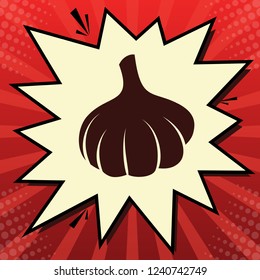 Garlic simple sign. Vector. Dark red icon in lemon chiffon shutter bubble at red popart background with rays.